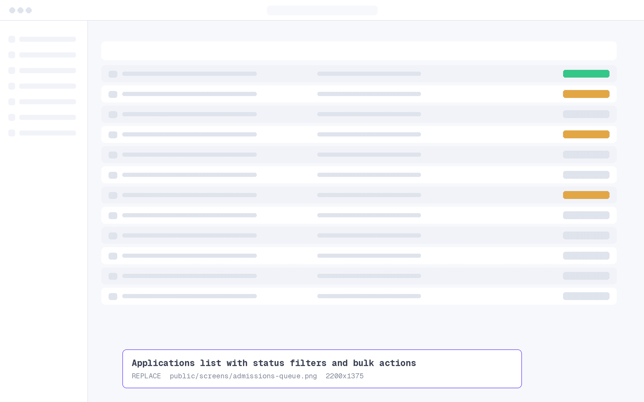 Applications list with status filters, batch selector and bulk actions